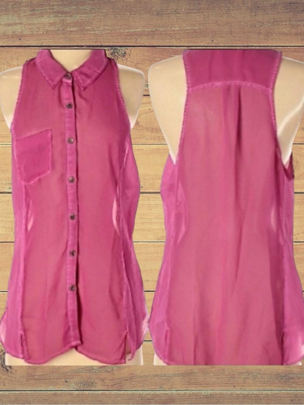 Free People Button-Down Rich Pink Semi Sheer Sleeveless Top Small NWT - Picture 6 of 9